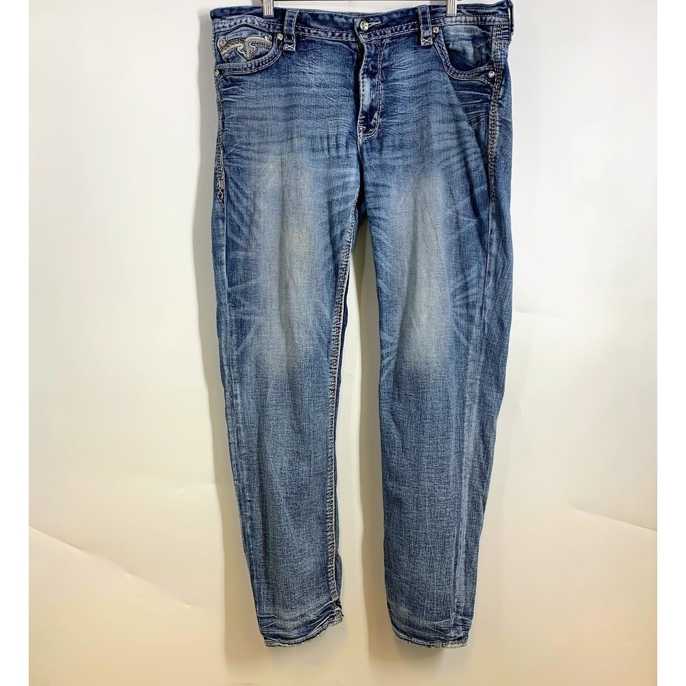 Rock Revival‎ Mens Yandel Straight Leg Blue Wash Distressed Embellished SZ 38x32